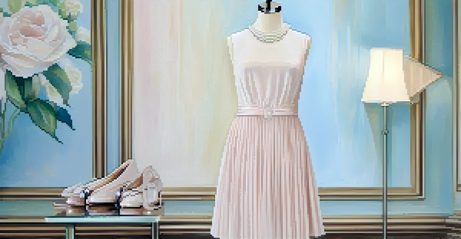 A close-up of an A-line dress on a mannequin, adorned with pearls and ballet flats, set against a soft pastel background with gentle lighting.