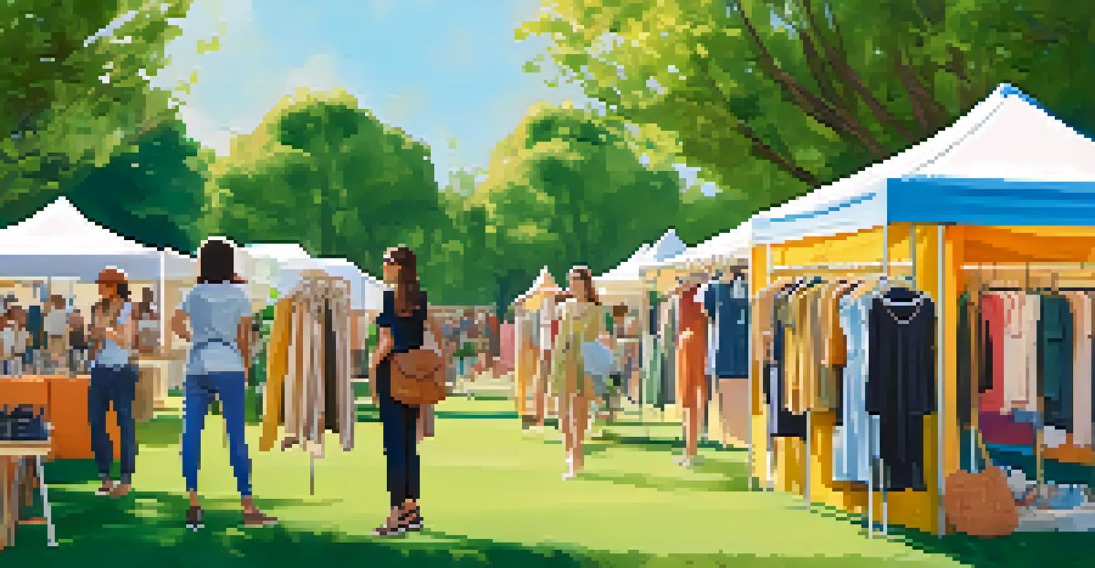 A vibrant outdoor market displaying eco-friendly fashion, with diverse models and shoppers enjoying sustainable clothing in a sunny park.