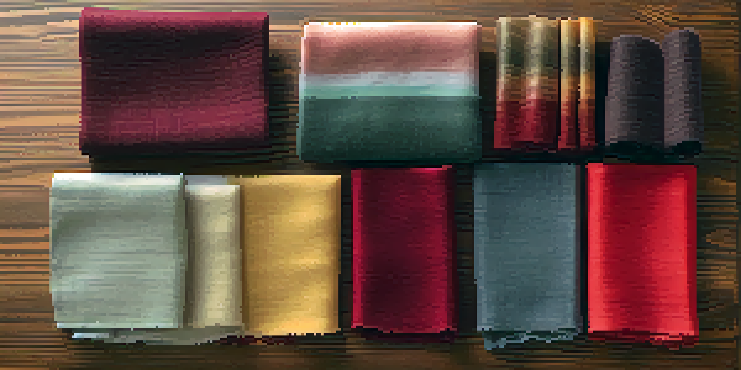A flat lay of different fabric swatches including silk, cotton, and wool in various colors on a wooden table, with soft natural light illuminating the textures.