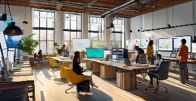 A modern fashion startup workspace showcasing technology, data analytics graphs, sketches, and vibrant fabrics with natural light.