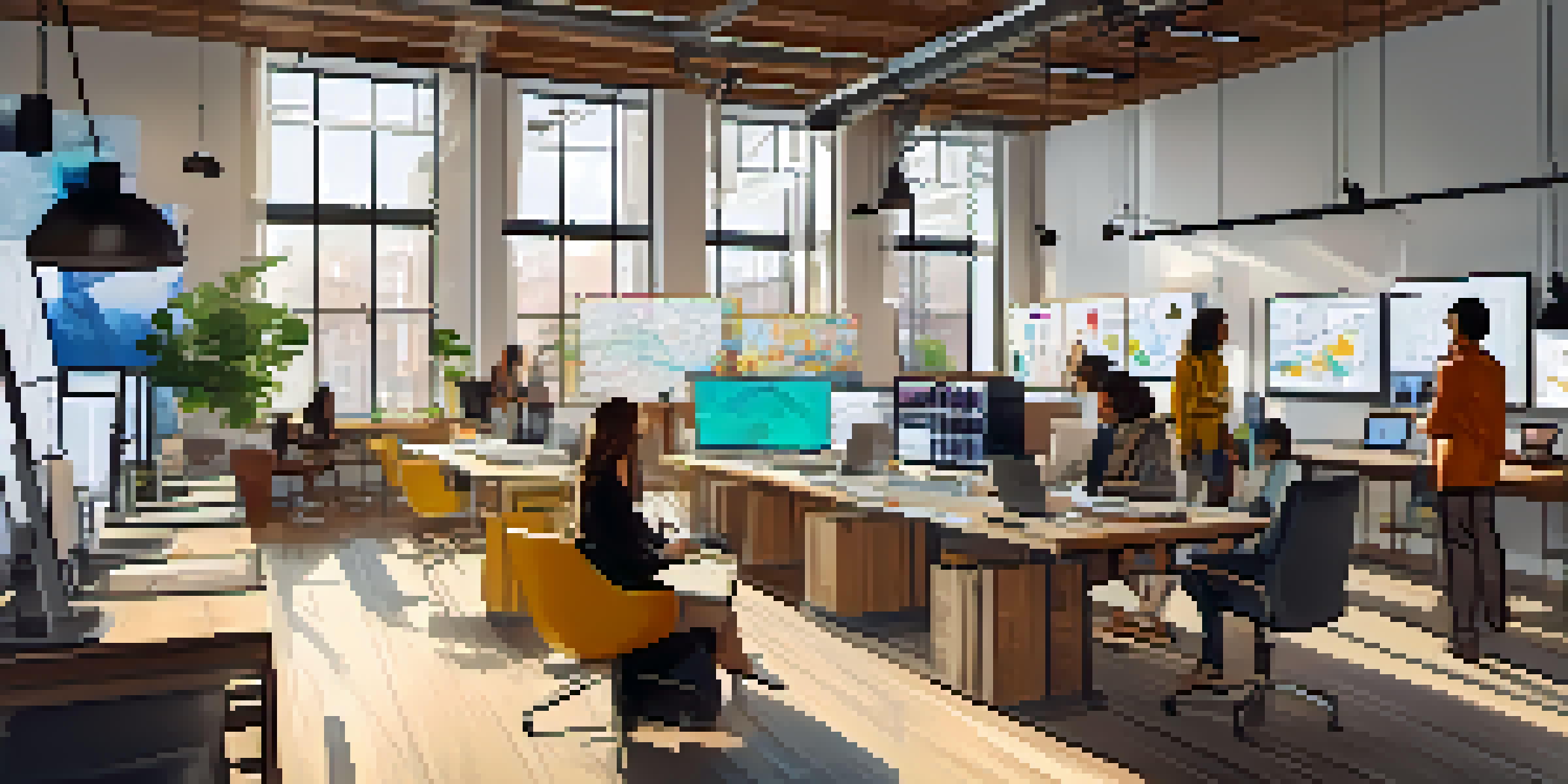 A modern fashion startup workspace showcasing technology, data analytics graphs, sketches, and vibrant fabrics with natural light.