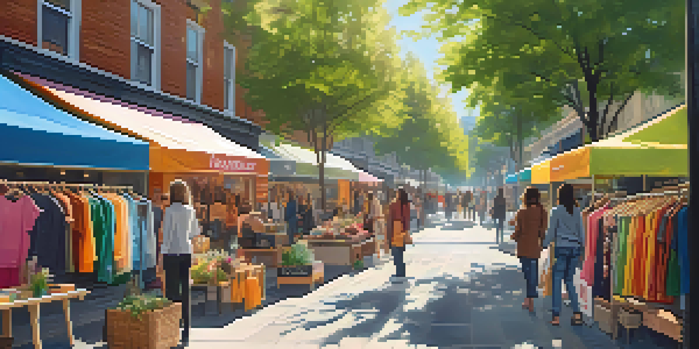 A lively outdoor market featuring sustainable fashion with colorful clothing racks and diverse shoppers enjoying the atmosphere.