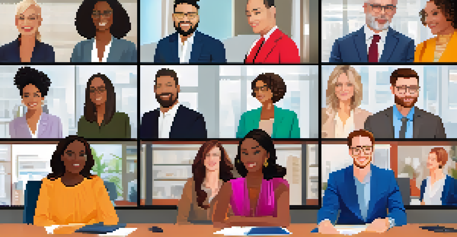 A computer screen displaying a diverse group of professionals in a virtual meeting, showcasing various attire styles.