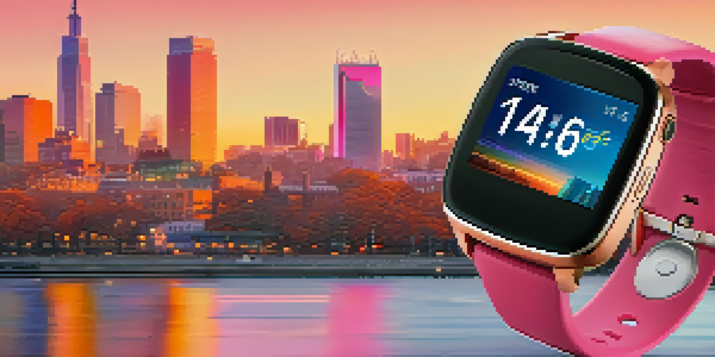 A modern smartwatch displaying health metrics in front of a colorful urban sunset skyline.