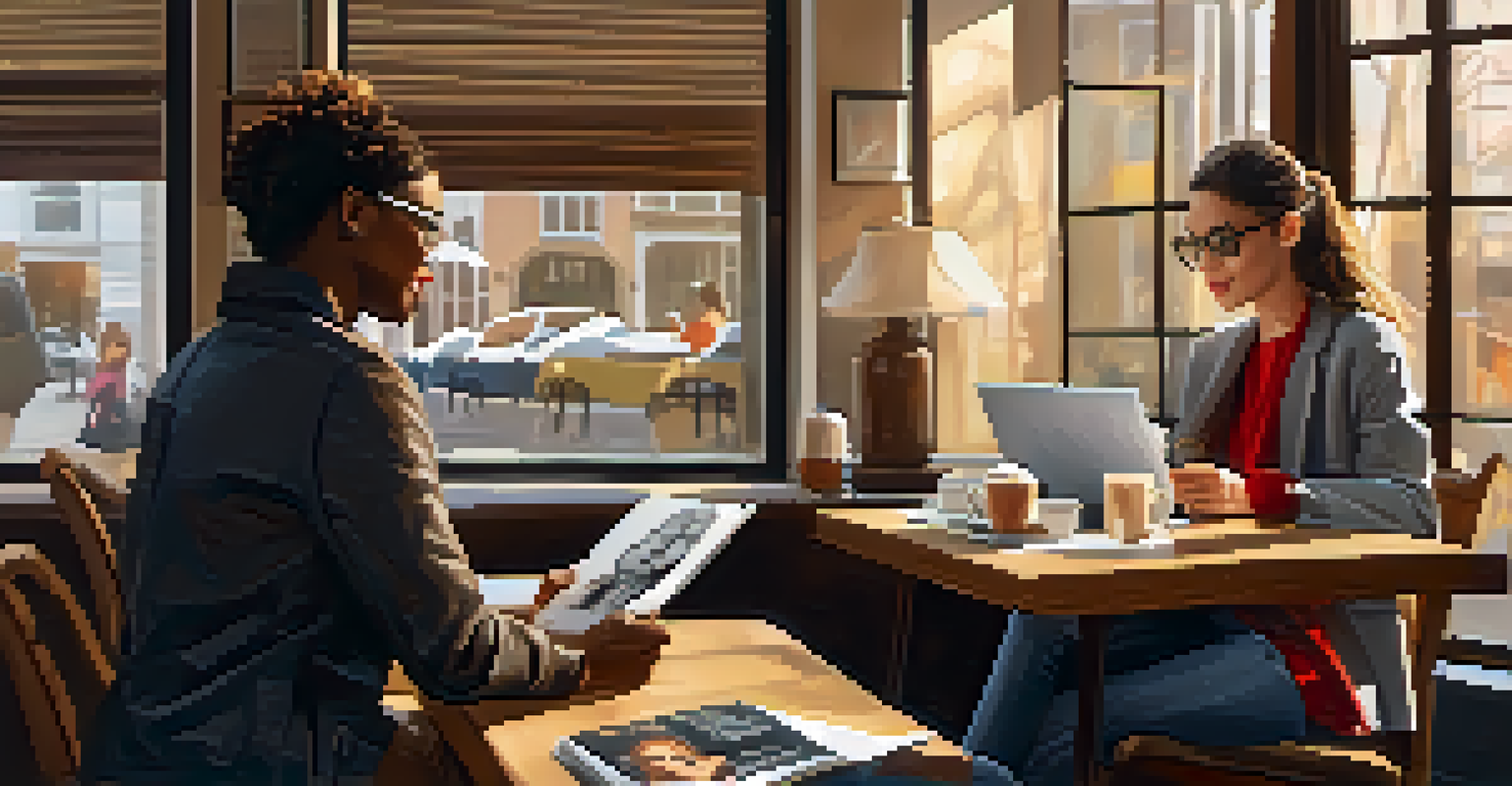 A young fashion student and an experienced mentor discussing a portfolio in a cozy coffee shop with sunlight streaming in.