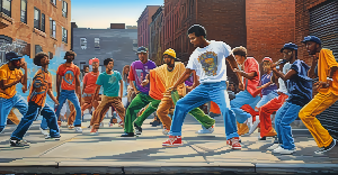 A lively street scene in the Bronx with hip-hop dancers in colorful oversized clothing, performing against a backdrop of graffiti art.