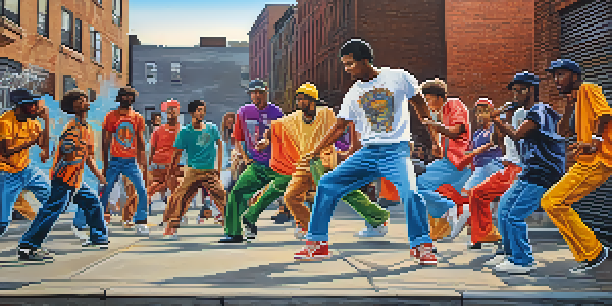 A lively street scene in the Bronx with hip-hop dancers in colorful oversized clothing, performing against a backdrop of graffiti art.