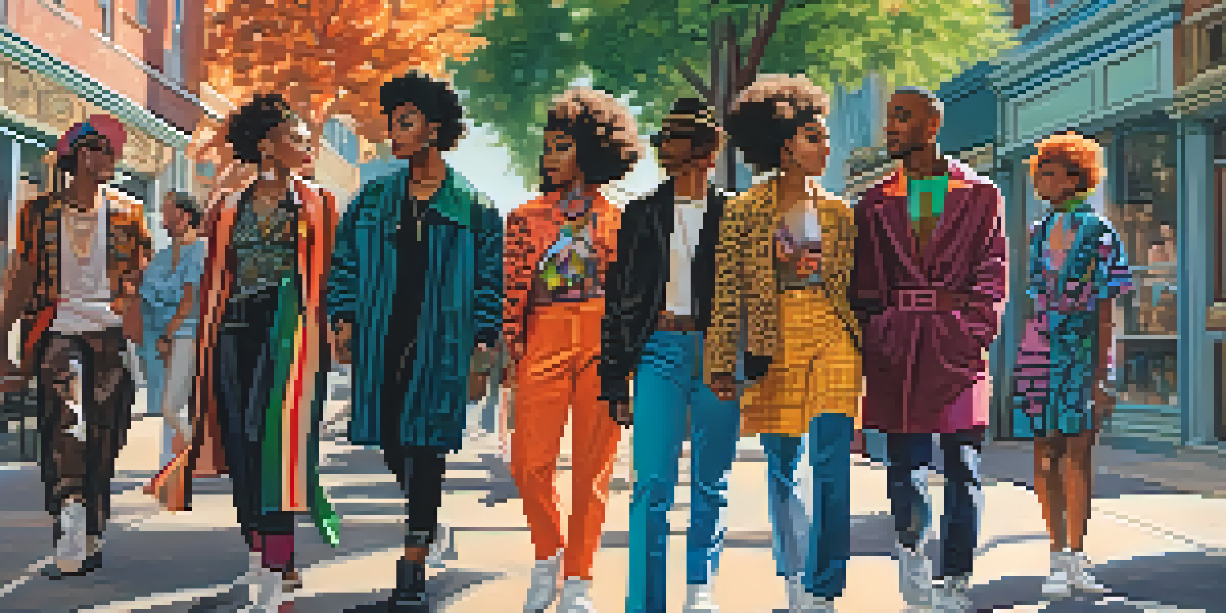A lively urban street scene featuring a diverse group of people wearing gender-fluid fashion, with bright colors and unique styles against a backdrop of colorful murals.
