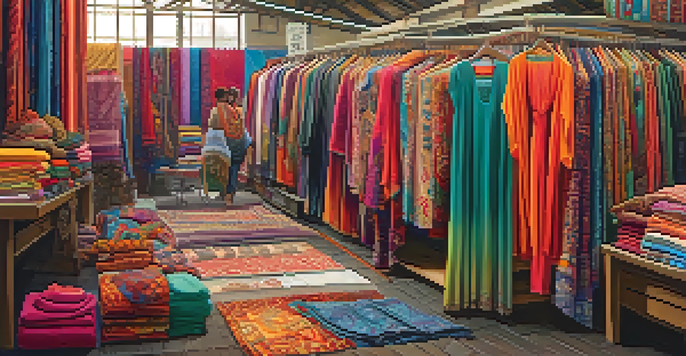 A lively fashion market with diverse fabrics and clothing, featuring a colorful stall and shoppers from various backgrounds.
