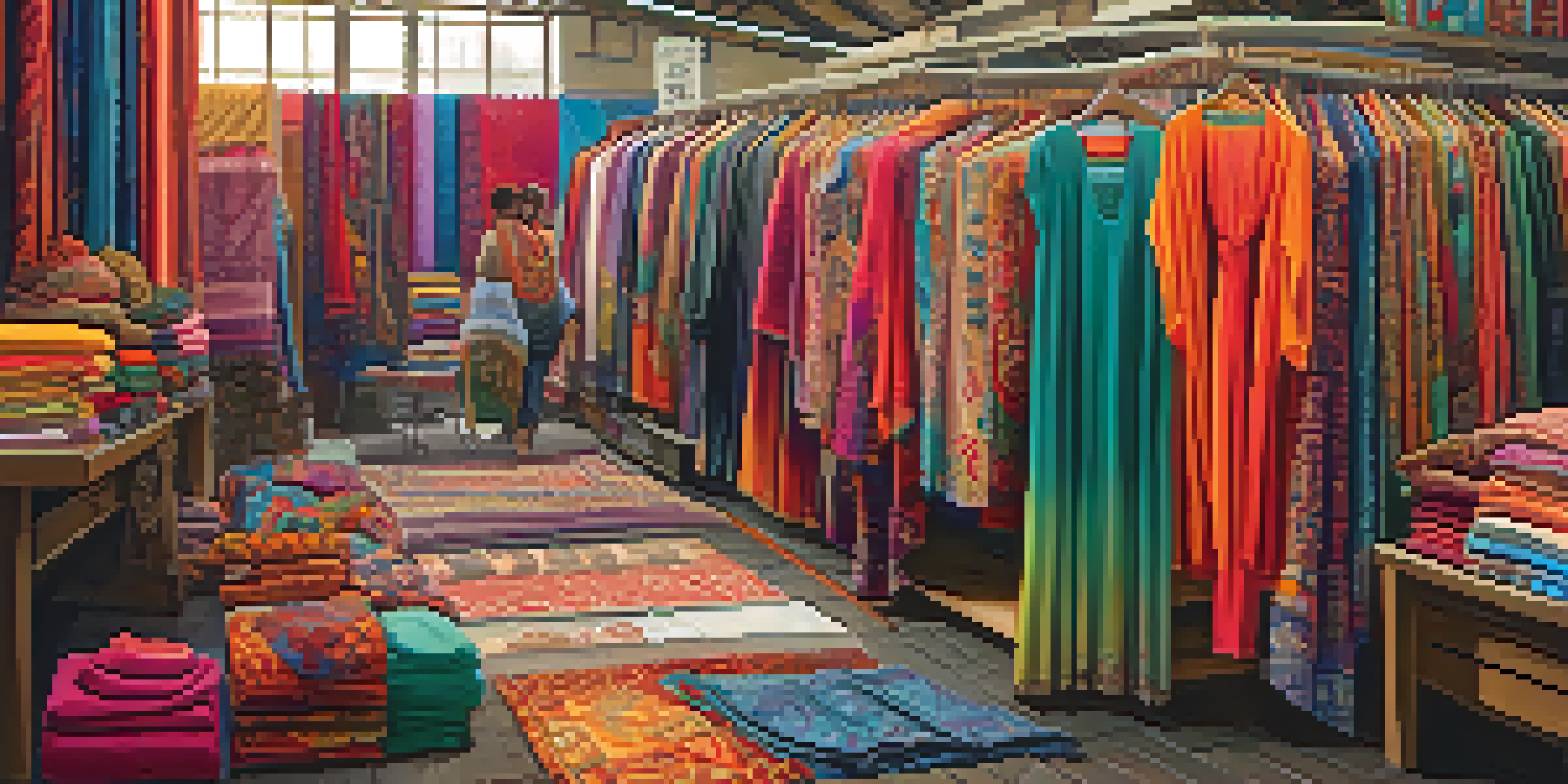 A lively fashion market with diverse fabrics and clothing, featuring a colorful stall and shoppers from various backgrounds.