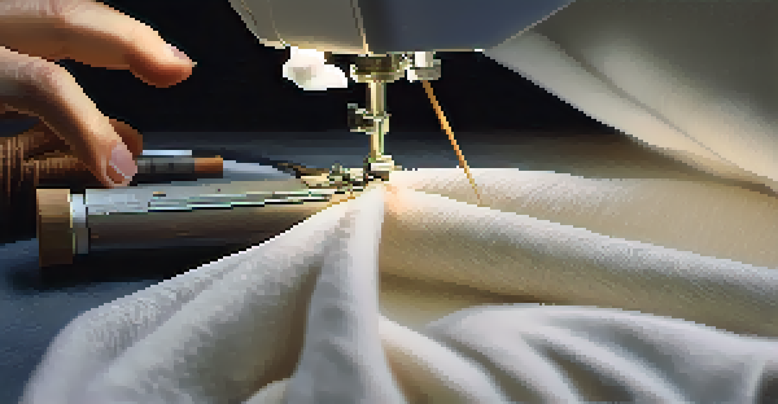 Close-up of a designer's hands working with eco-friendly materials to create a garment, highlighting the textures and tools used in sustainable fashion.