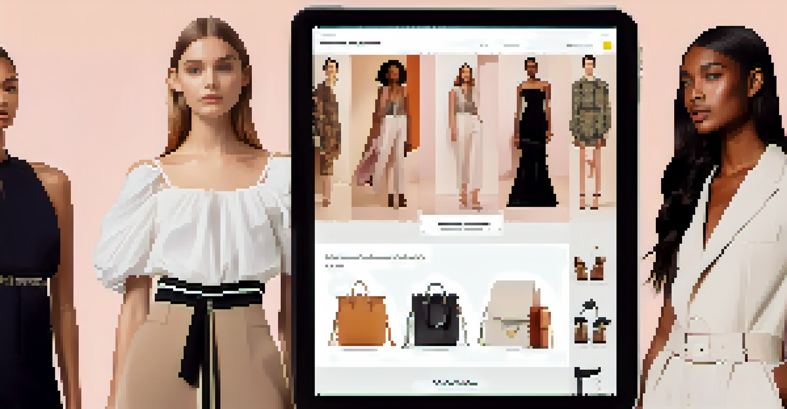 A tablet displaying a fashion rental website with diverse outfits on models, showcasing sustainable fashion.