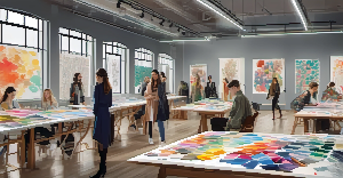A diverse group of fashion designers collaborating in a bright studio, with sketches and fabric swatches on the table and a screen showing AI fashion trends.