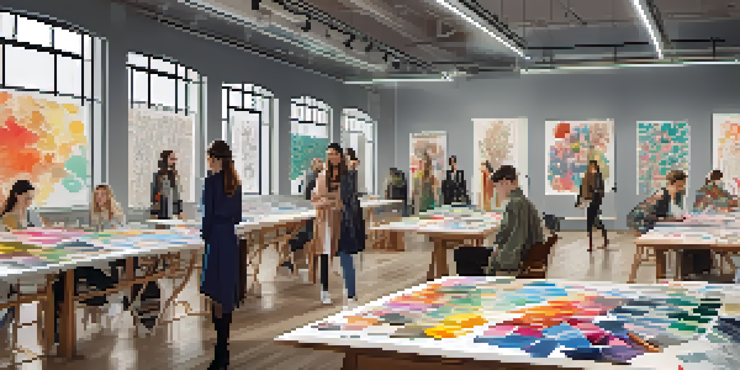 A diverse group of fashion designers collaborating in a bright studio, with sketches and fabric swatches on the table and a screen showing AI fashion trends.