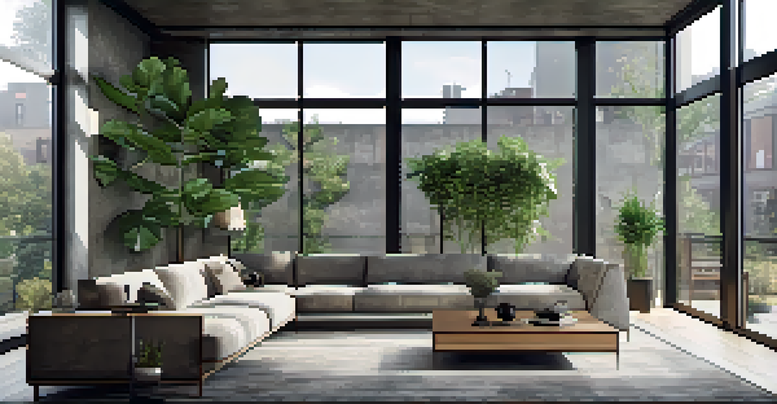 A modern urban loft with a sleek concrete wall and lush greenery, illuminated by natural light streaming through large windows.
