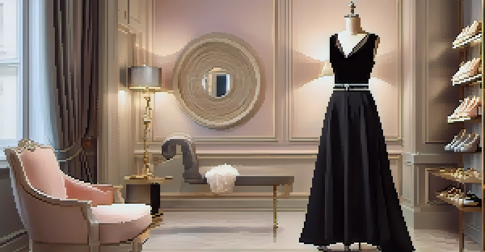 A stylish mannequin wearing a classic little black dress in a chic boutique with pastel colors and warm lighting.