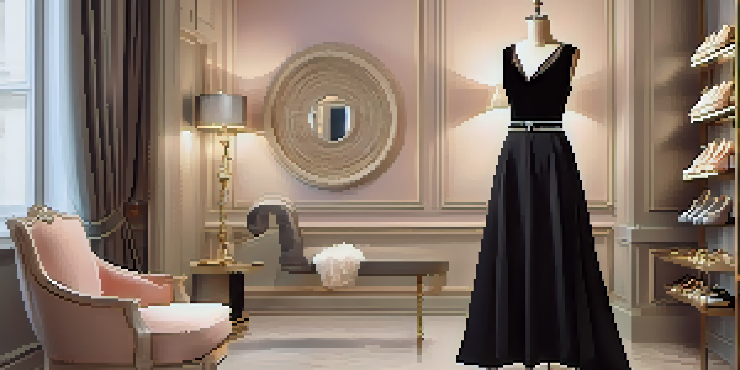 A stylish mannequin wearing a classic little black dress in a chic boutique with pastel colors and warm lighting.