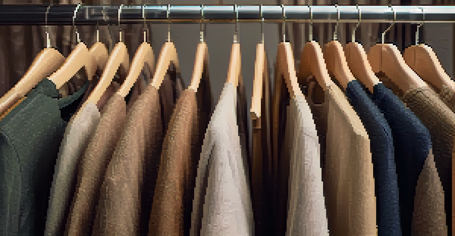 A close-up of a hand picking eco-friendly clothing from a rack, with natural fabrics in earthy tones and a visible tag that says 'Sustainable Fashion'.