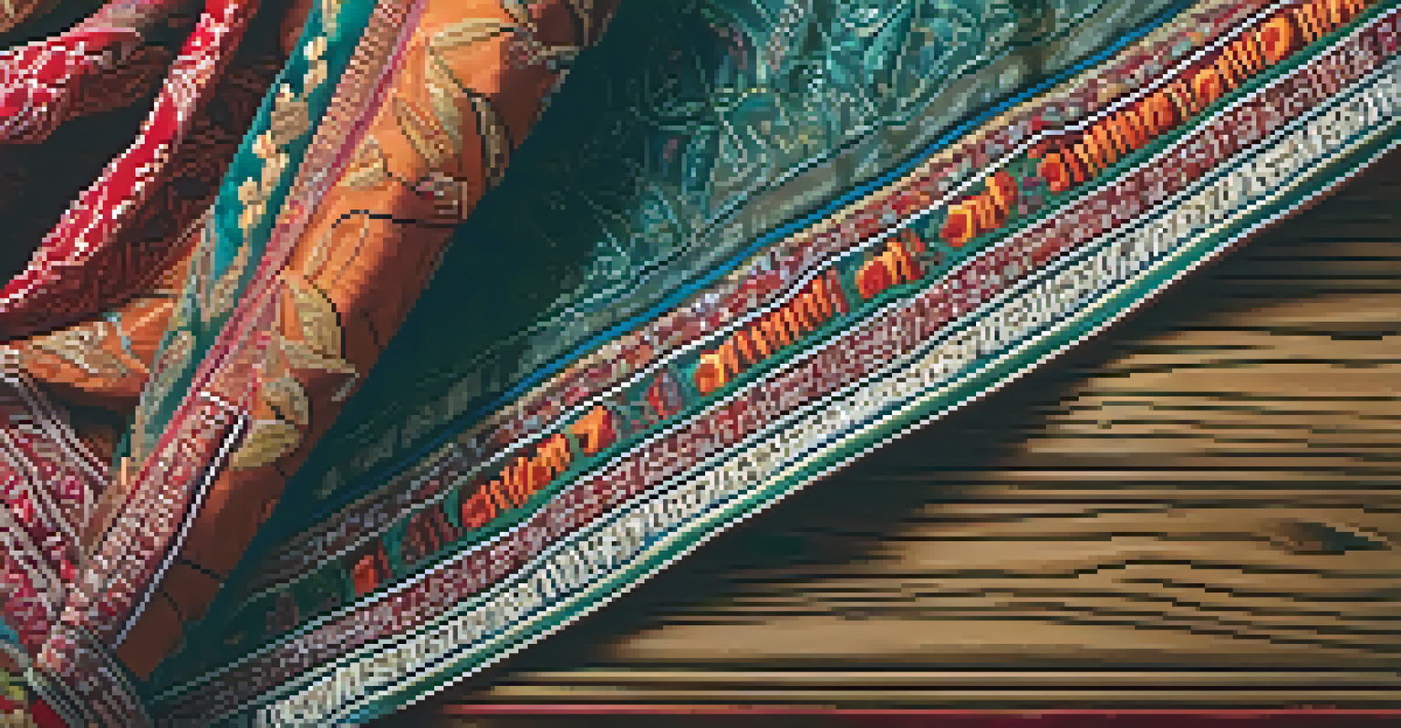 Close-up of a traditional garment with detailed embroidery and vibrant dye patterns on a wooden surface.