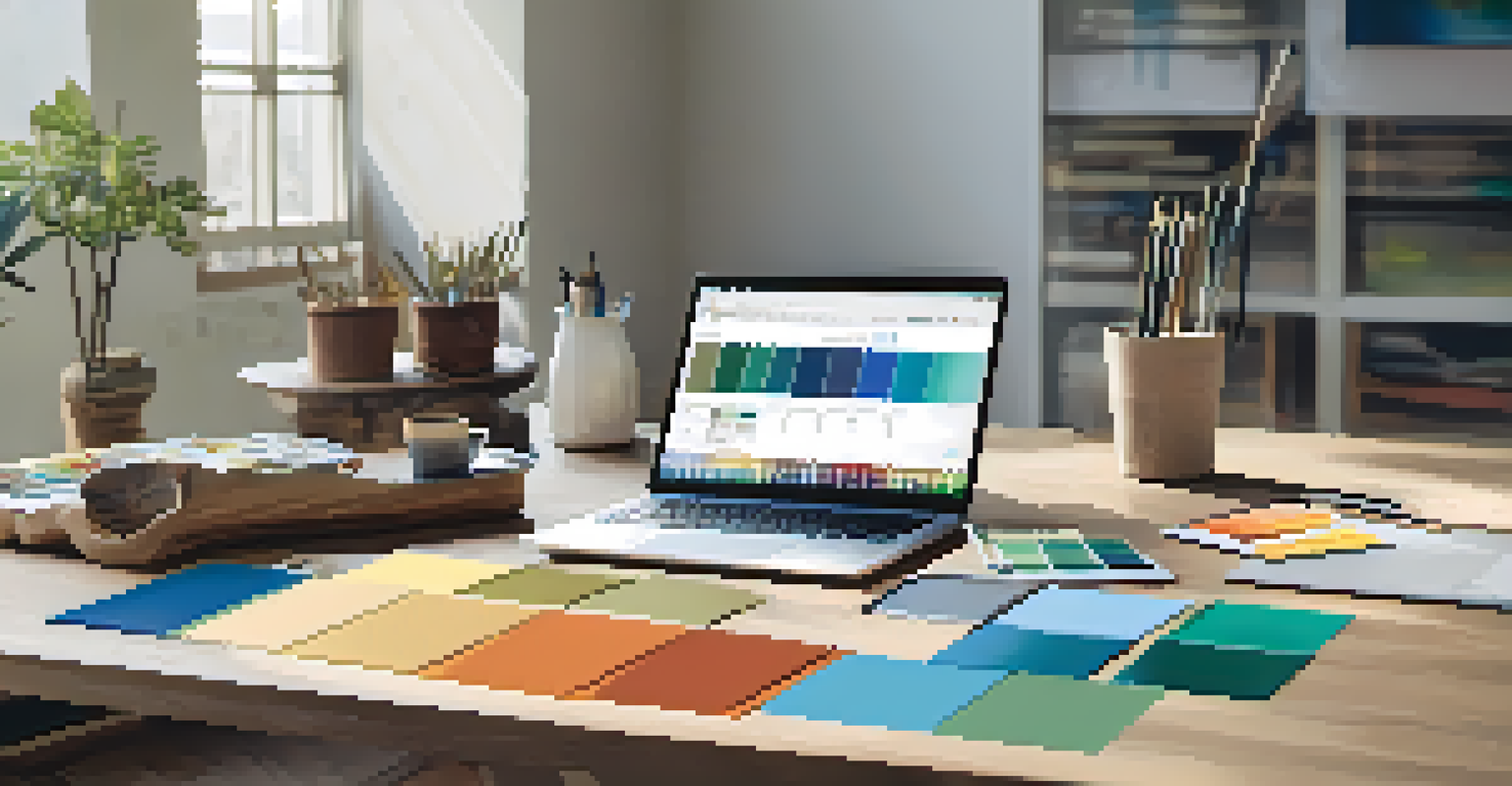 A minimalist workspace with color swatches in blue, green, and earthy tones on a wooden table, with a laptop open to design software.