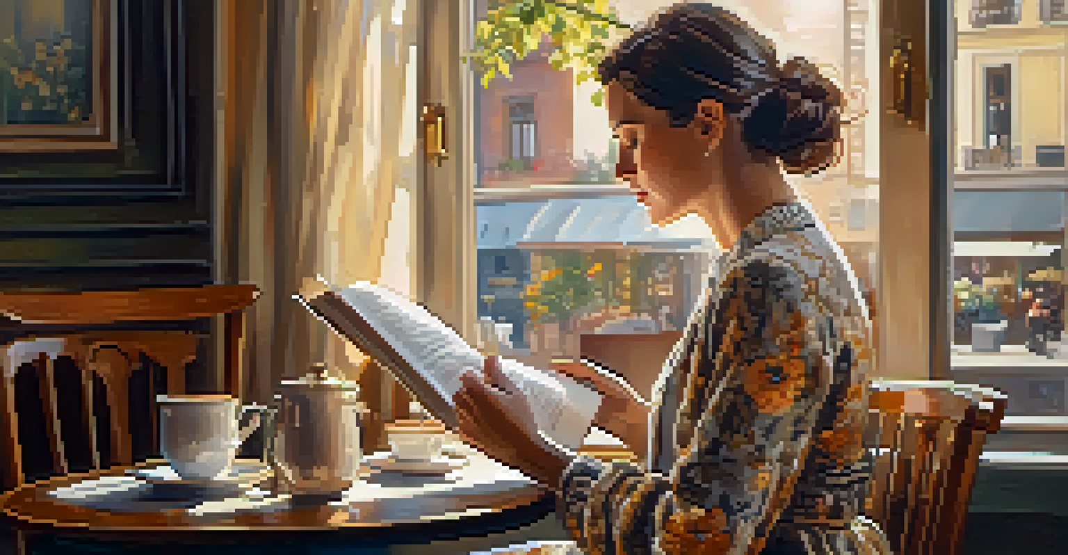 An elegant woman in a vintage floral dress enjoying coffee and reading a book in a cozy café.
