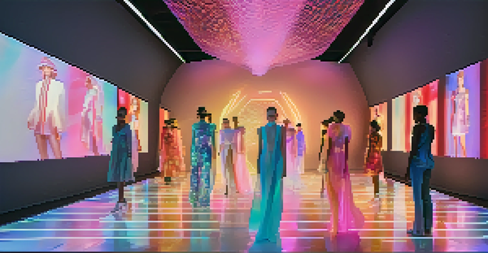 A virtual fashion show with models in colorful digital clothing walking on a glowing runway, surrounded by avatar audience members and interactive holograms.