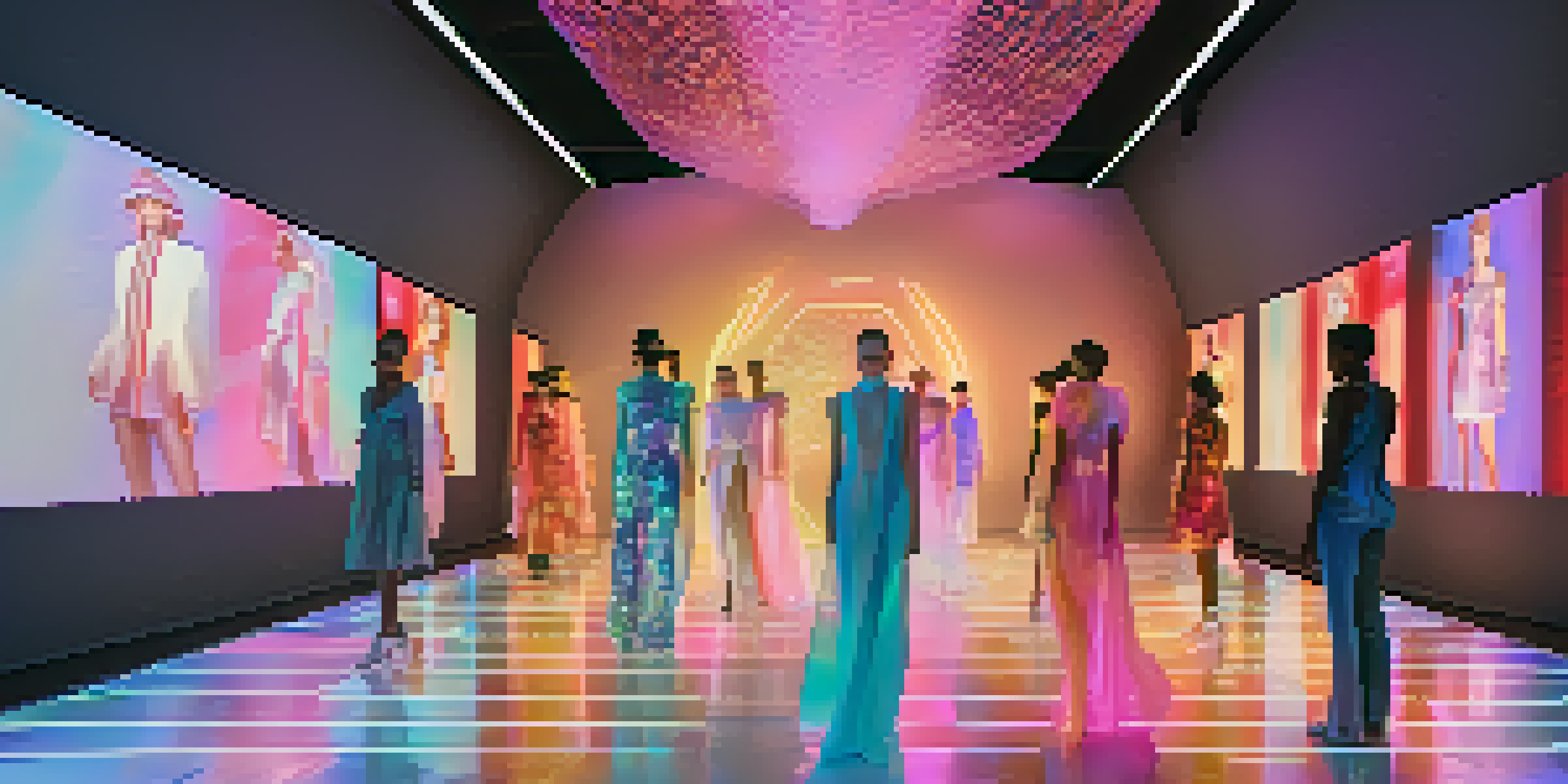 A virtual fashion show with models in colorful digital clothing walking on a glowing runway, surrounded by avatar audience members and interactive holograms.