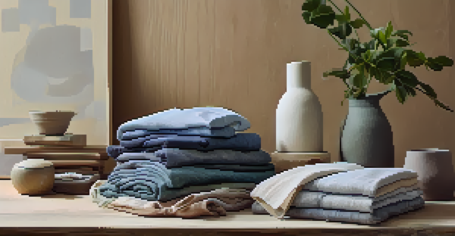 A display of sustainable fabrics on a wooden table with a potted plant beside them, illuminated by natural light.
