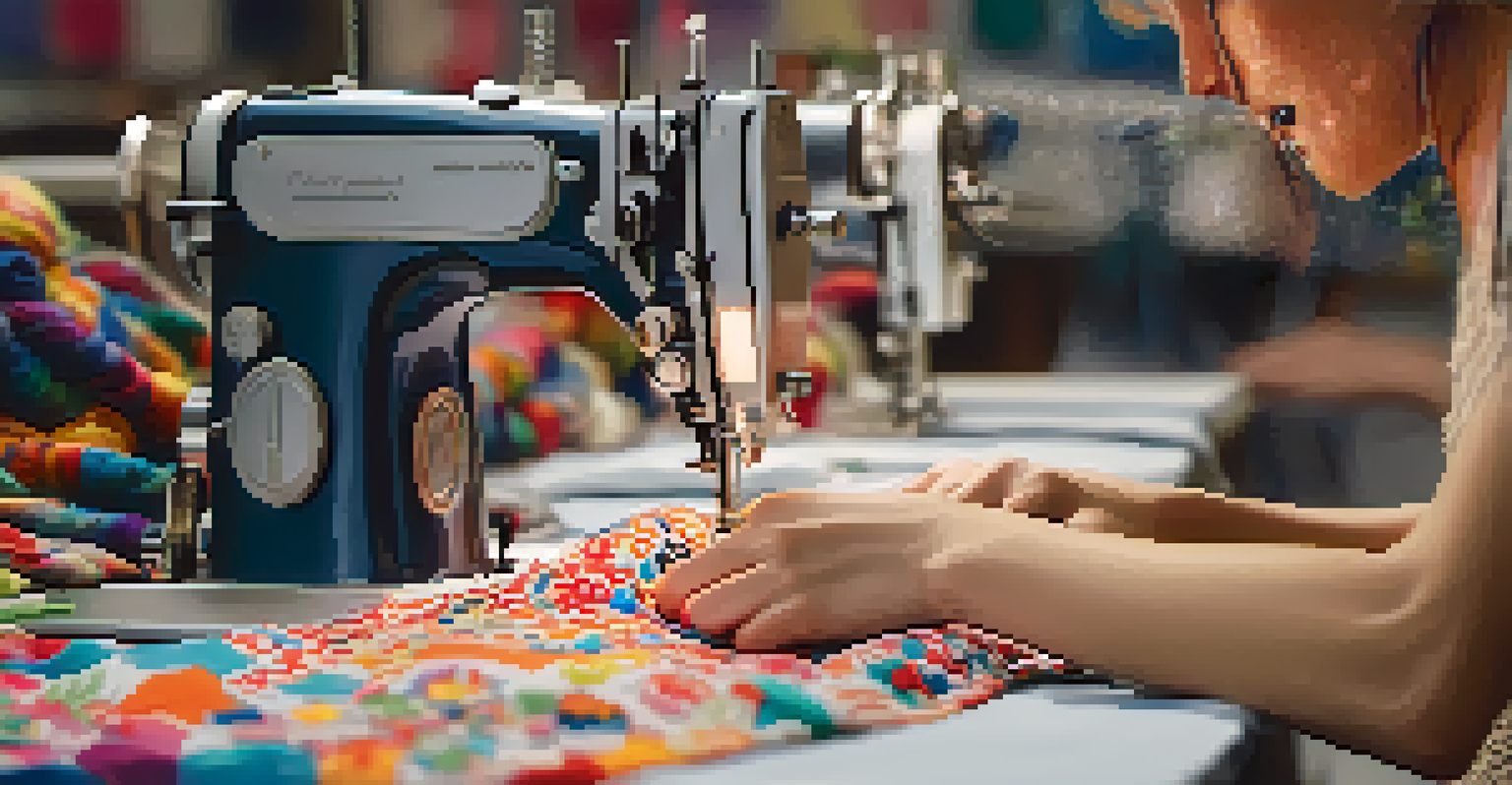A close-up of a fashion intern's hands sewing a garment, highlighting the details of fabric and sewing tools in a busy studio.