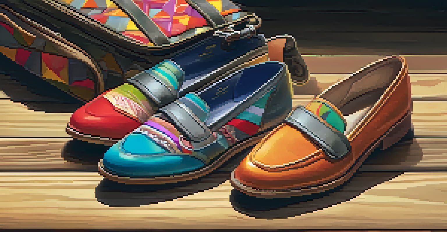 A close-up of travel accessories including a crossbody bag, a colorful scarf, and stylish loafers on a wooden table.