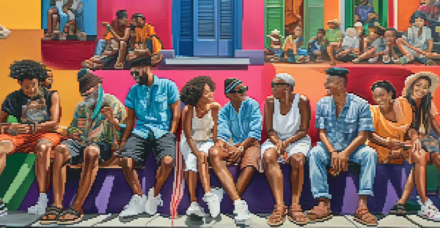 A lively street scene with people wearing various types of footwear, including traditional and modern styles, in front of a colorful mural.