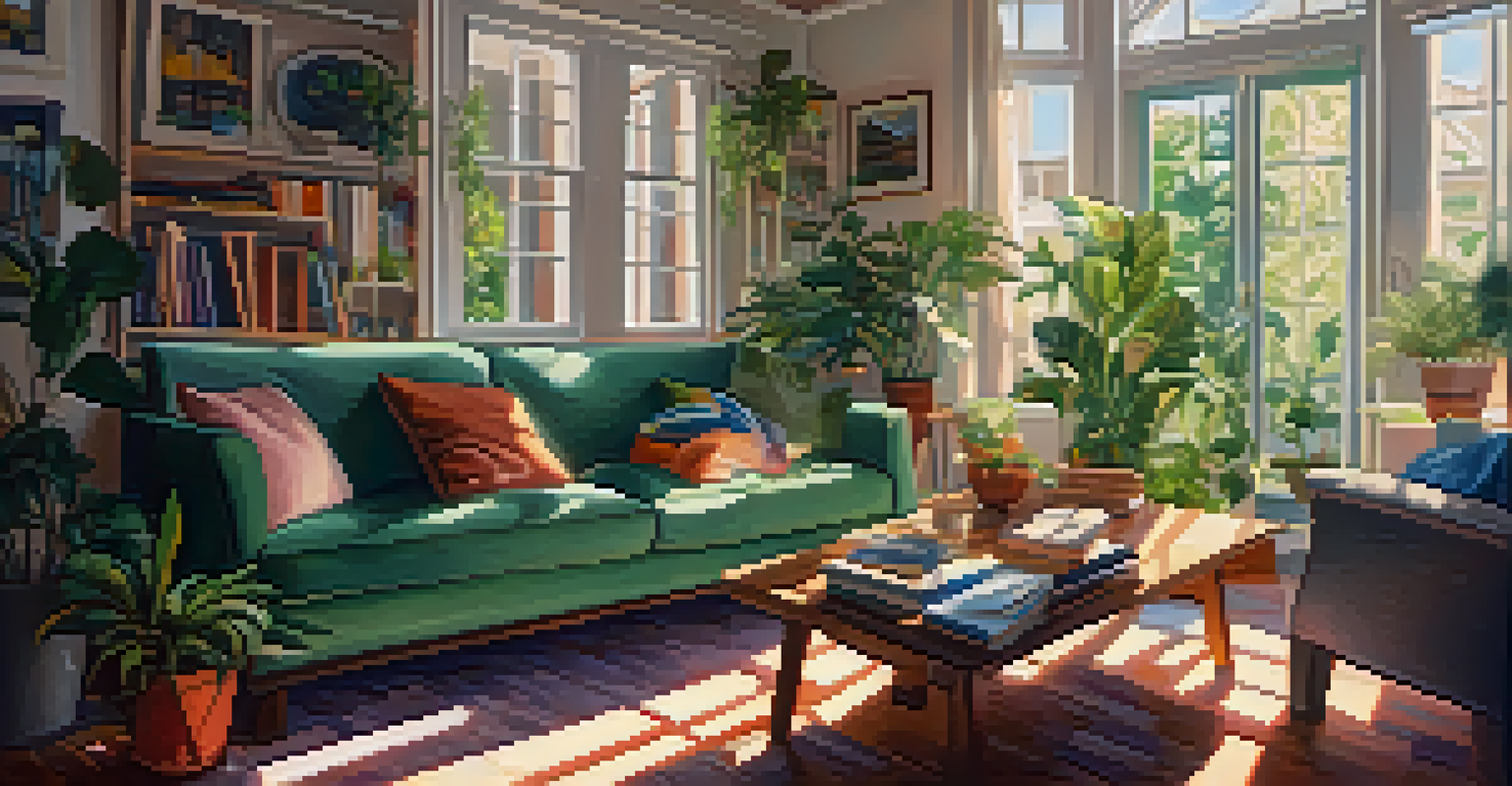 A person of a larger body type sitting on a couch in a cozy living room, smiling at their reflection in a mirror, surrounded by plants and books.