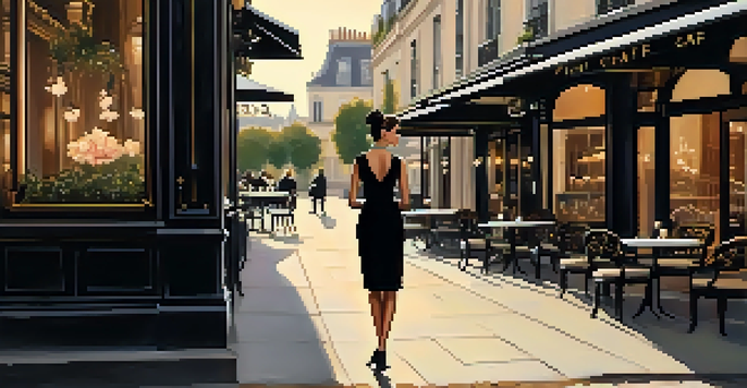A woman in a little black dress and pearls stands outside a vintage café in Paris during sunset, with warm lighting highlighting her elegance.