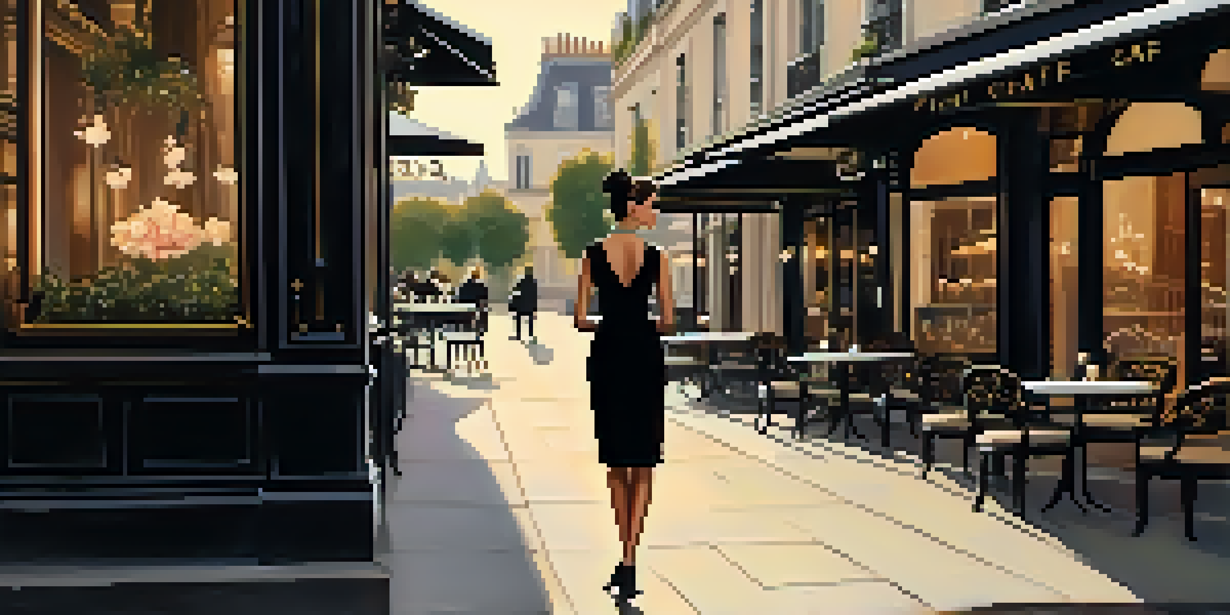 A woman in a little black dress and pearls stands outside a vintage café in Paris during sunset, with warm lighting highlighting her elegance.