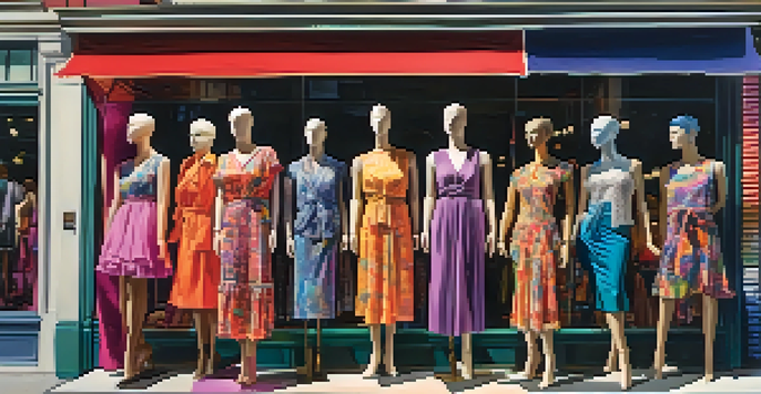 A colorful storefront with diverse mannequins displaying various clothing styles, set against a lively street scene.