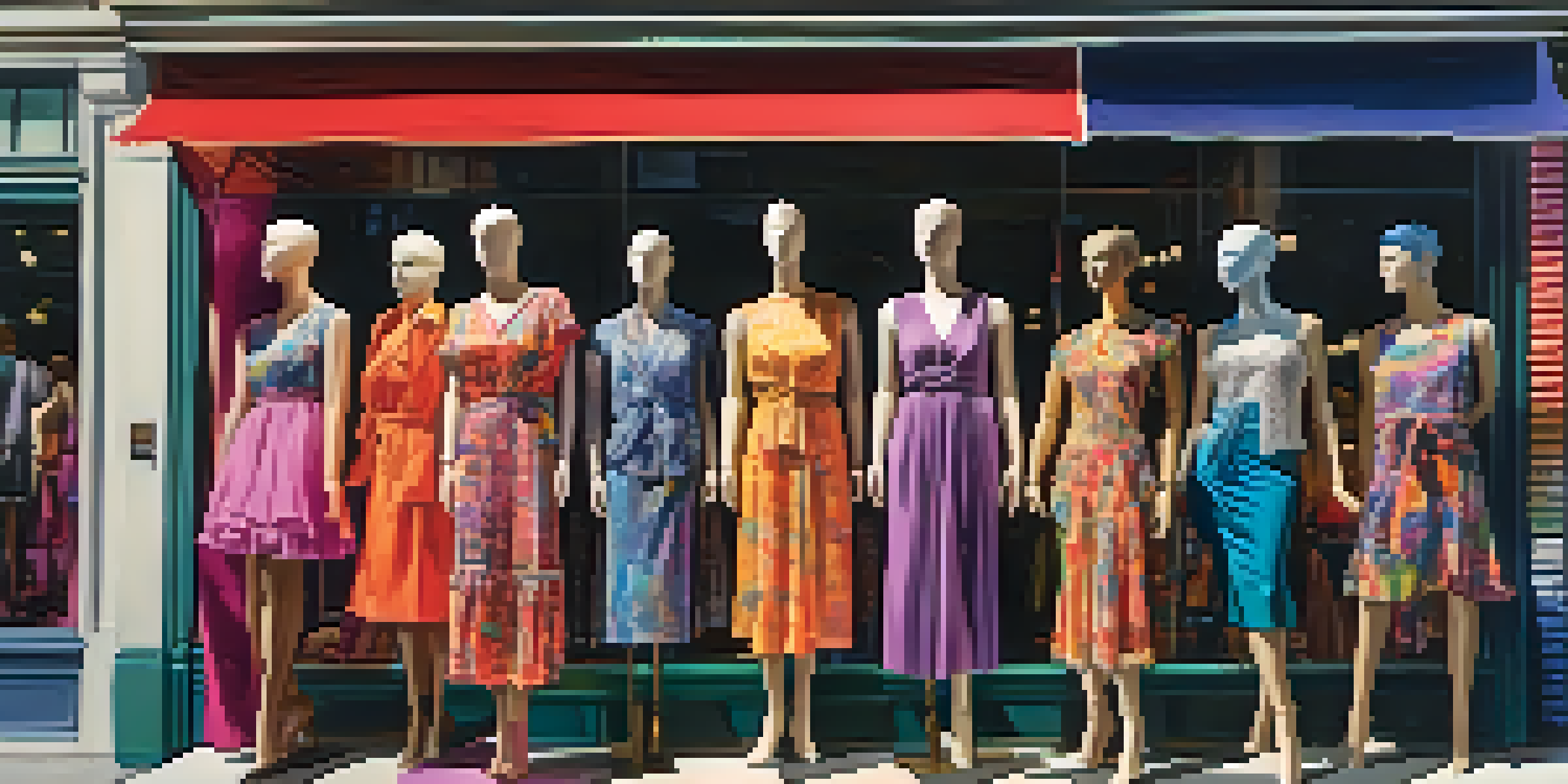 A colorful storefront with diverse mannequins displaying various clothing styles, set against a lively street scene.