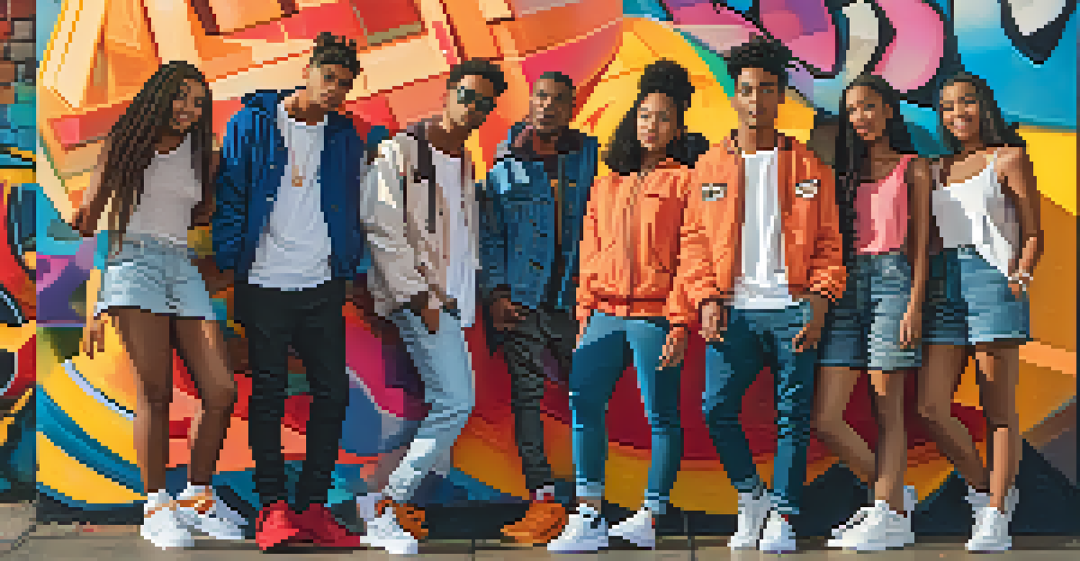A group of diverse young adults wearing stylish sneakers in front of a colorful graffiti wall at sunset.