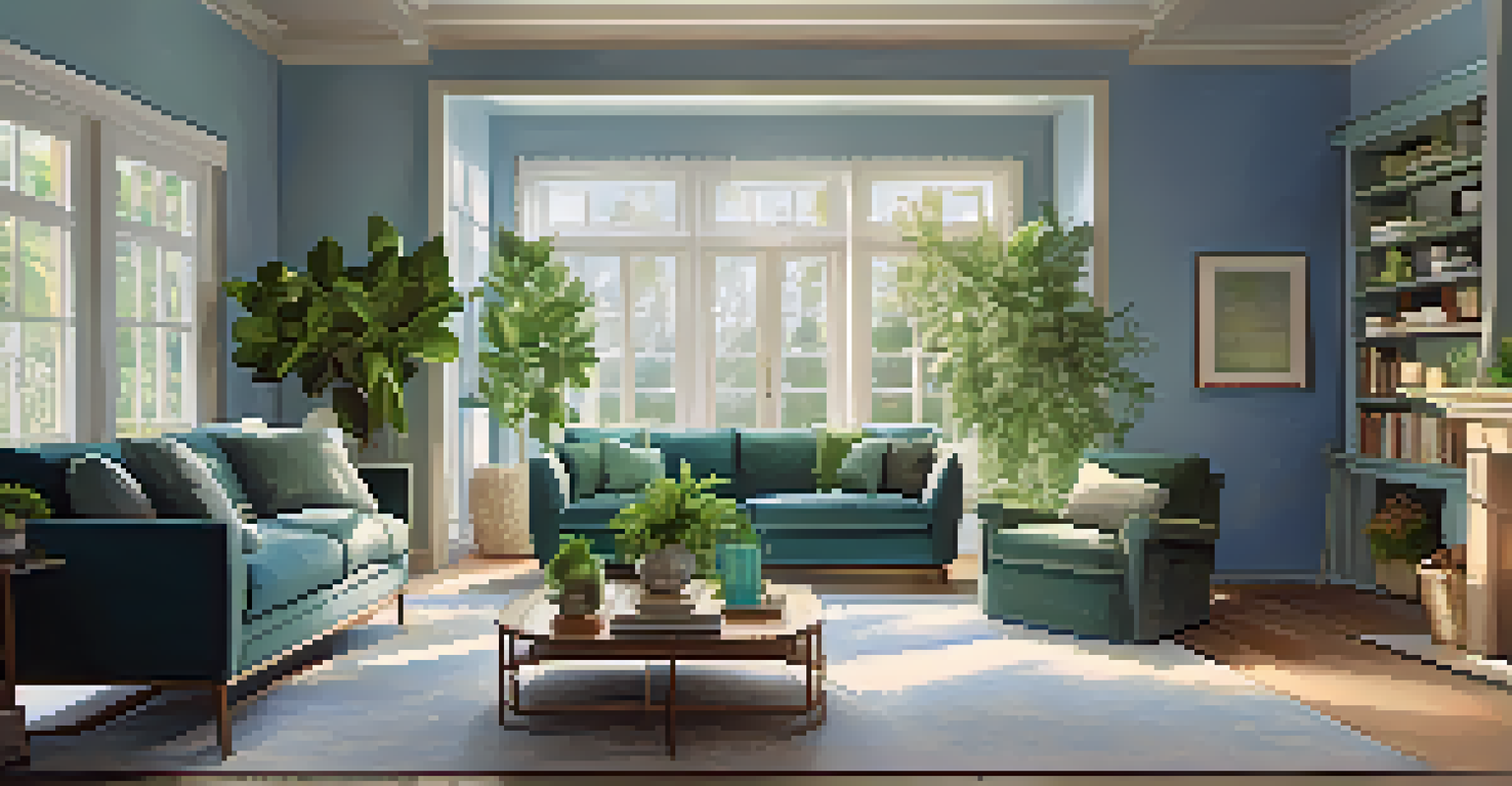 A calming living room with a blue sofa, green plants, and soft sunlight streaming through a window, creating a peaceful environment in cool tones.