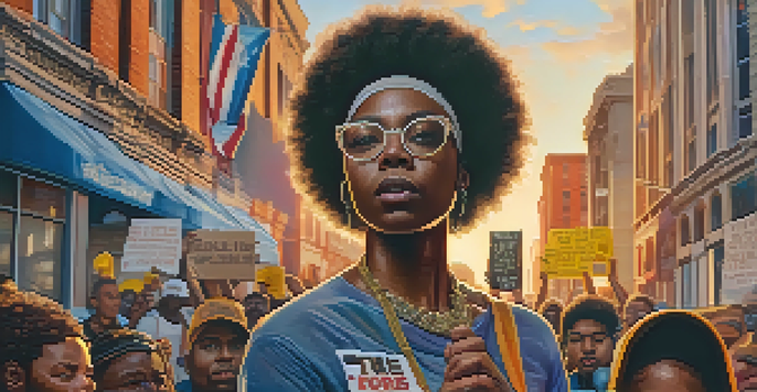 A close-up of a protester holding a sign at a Black Lives Matter rally, with colorful street art and diverse people in the background during sunset.