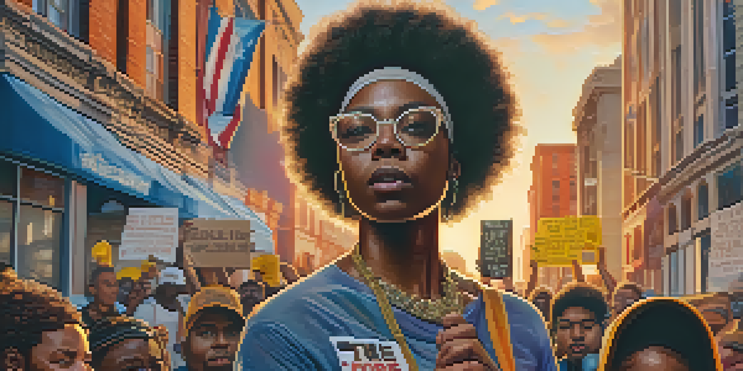A close-up of a protester holding a sign at a Black Lives Matter rally, with colorful street art and diverse people in the background during sunset.