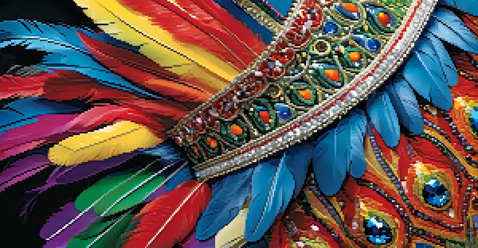 A detailed close-up of a hand-crafted Carnival costume featuring beads, sequins, and feathers, with festive surroundings blurred in the background.