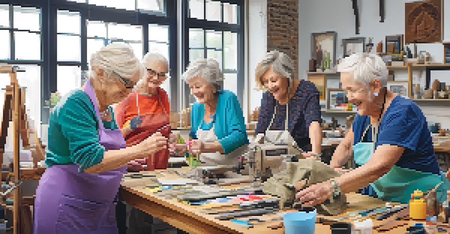 A group of older adults happily working together in an upcycling workshop, surrounded by fabrics and crafting tools.
