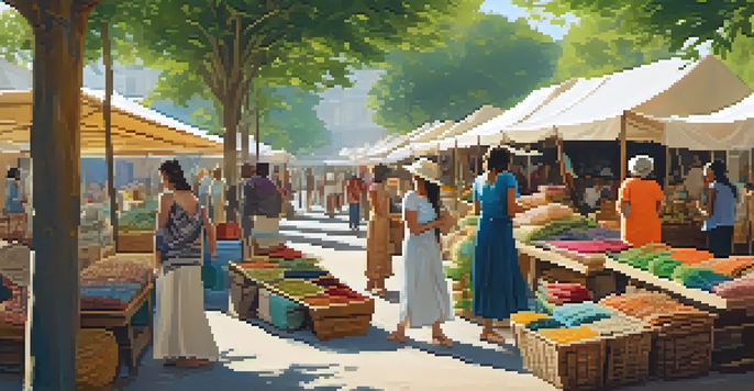 An outdoor market filled with local artisans displaying eco-friendly fashion products, surrounded by greenery and soft sunlight.