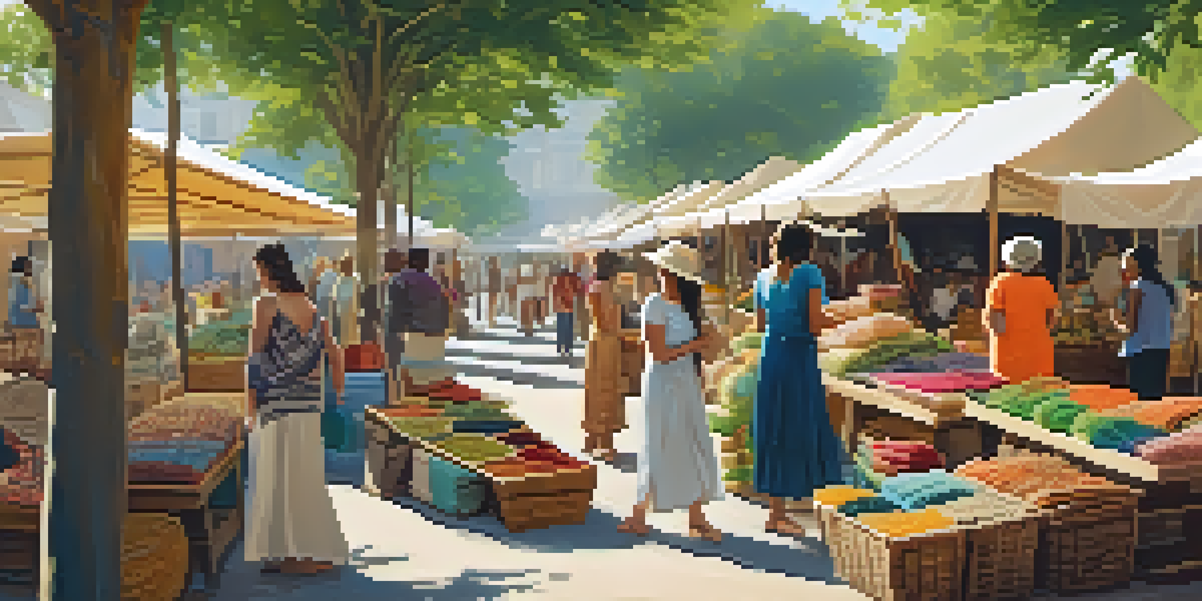 An outdoor market filled with local artisans displaying eco-friendly fashion products, surrounded by greenery and soft sunlight.