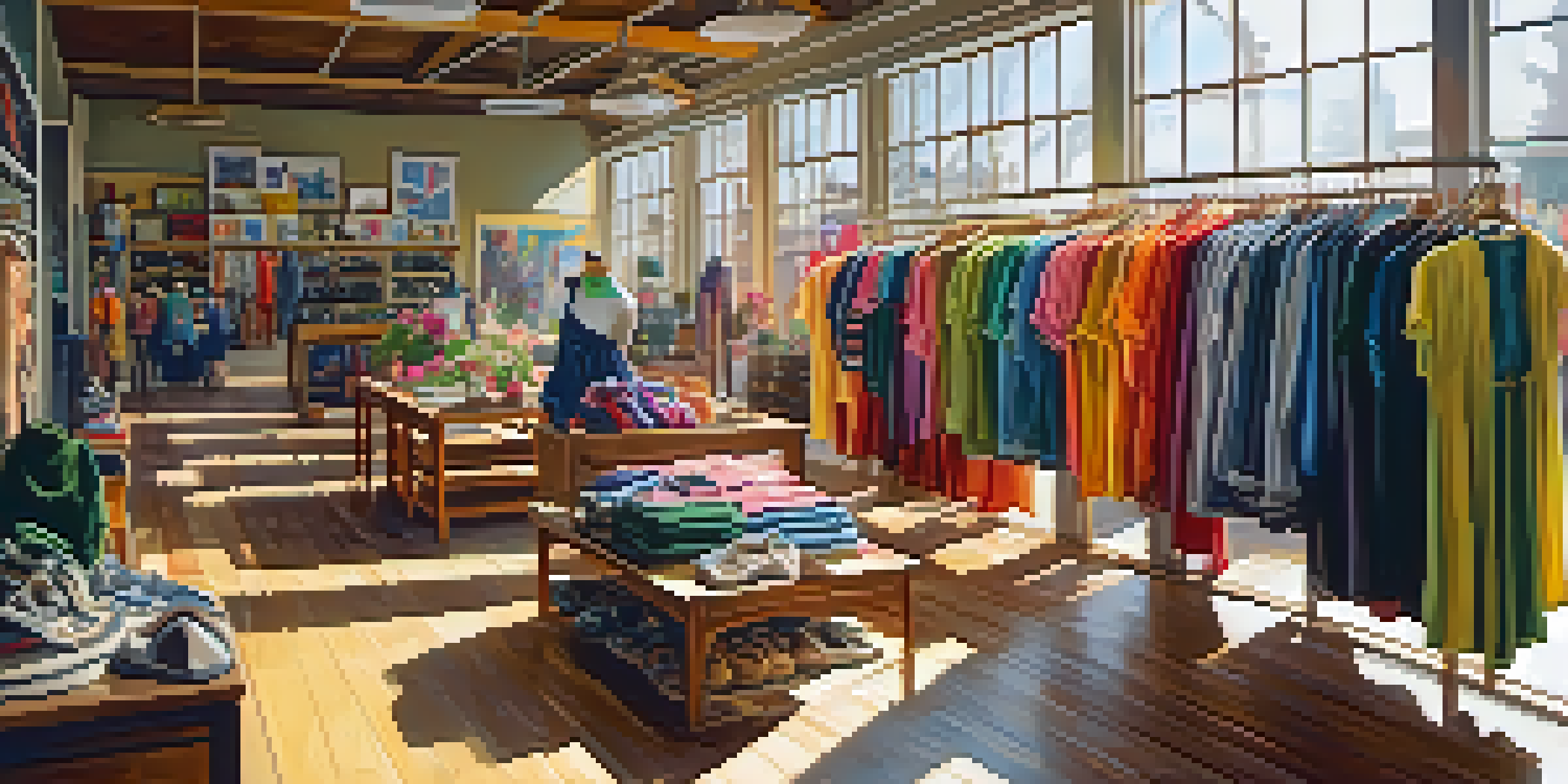 A bright thrift store with diverse shoppers exploring racks of colorful second-hand clothing in a sunlit environment.