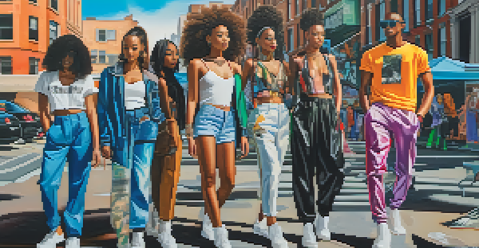 A lively street scene with models of various ethnicities wearing a mix of high-fashion and streetwear outfits, set against a backdrop of colorful graffiti and urban scenery under warm sunlight.