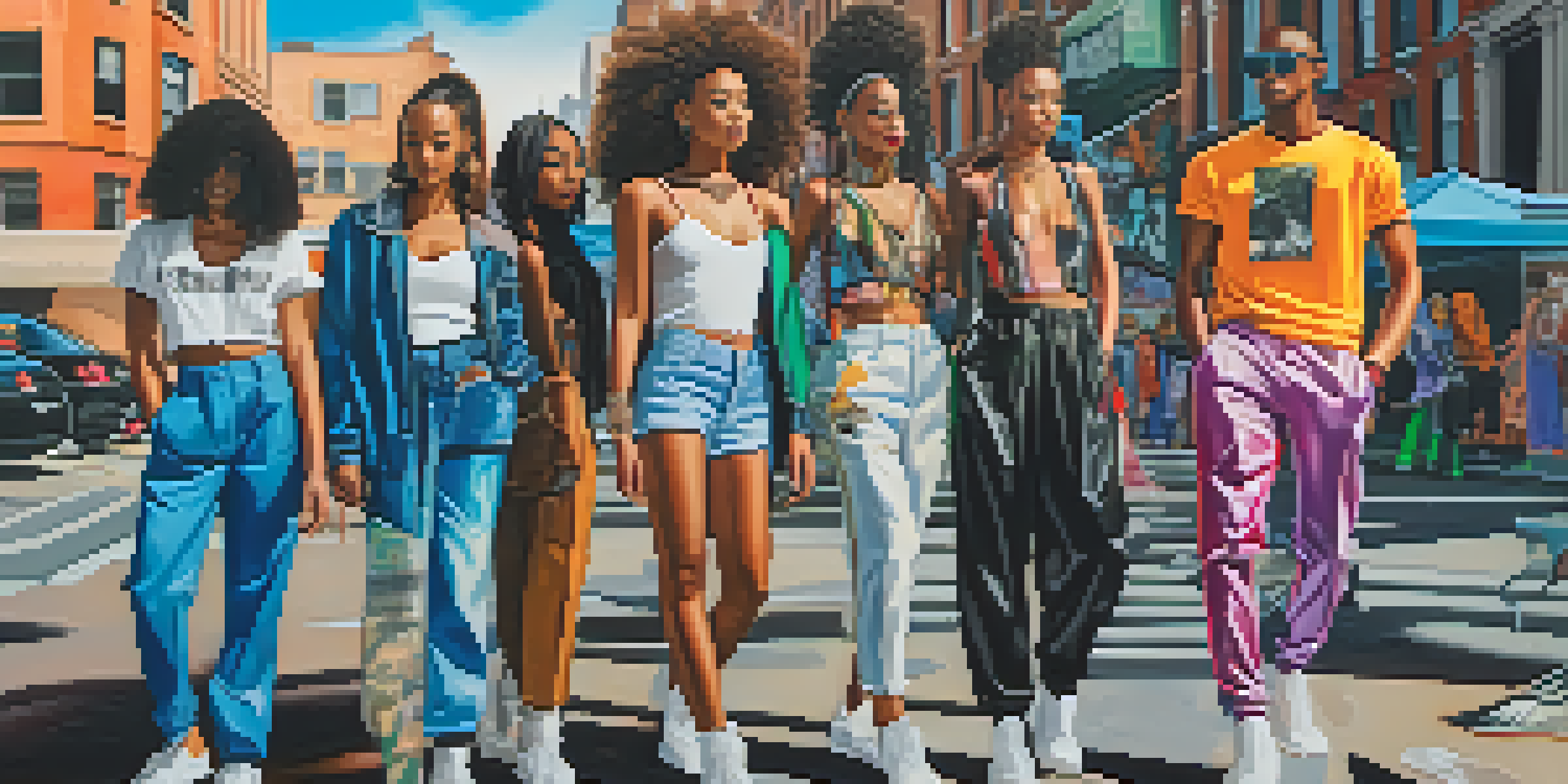 A lively street scene with models of various ethnicities wearing a mix of high-fashion and streetwear outfits, set against a backdrop of colorful graffiti and urban scenery under warm sunlight.