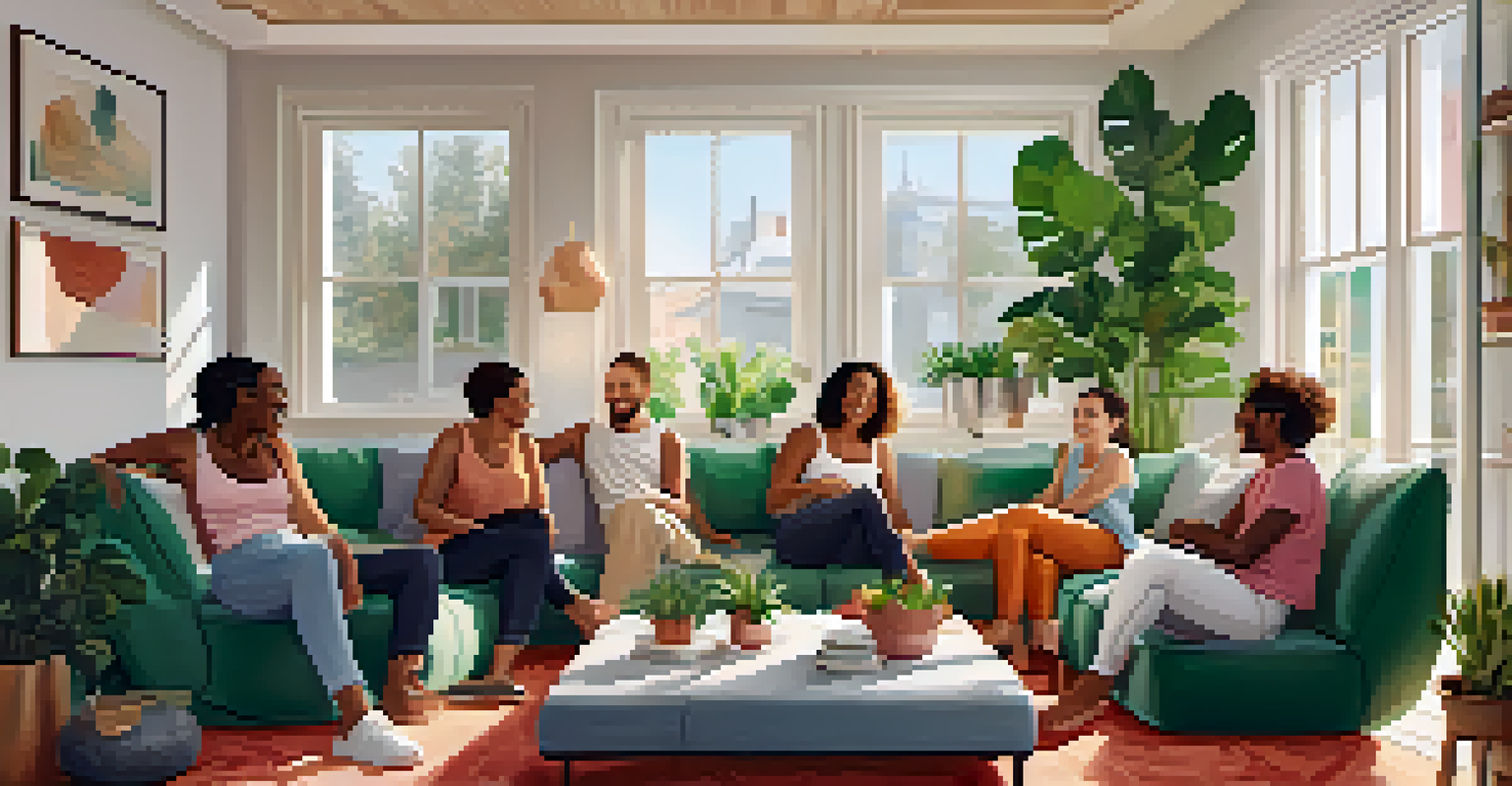 A group of friends in colorful athleisure clothing enjoying time together in a bright, cozy living room.