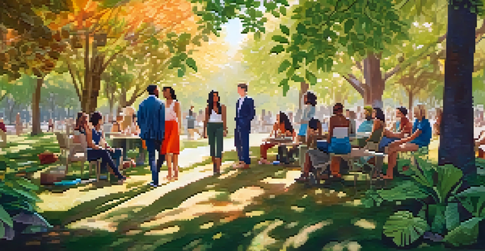 A diverse group of people in a park wearing colorful sustainable fashion made from organic materials, engaged in conversation under a sunny sky.