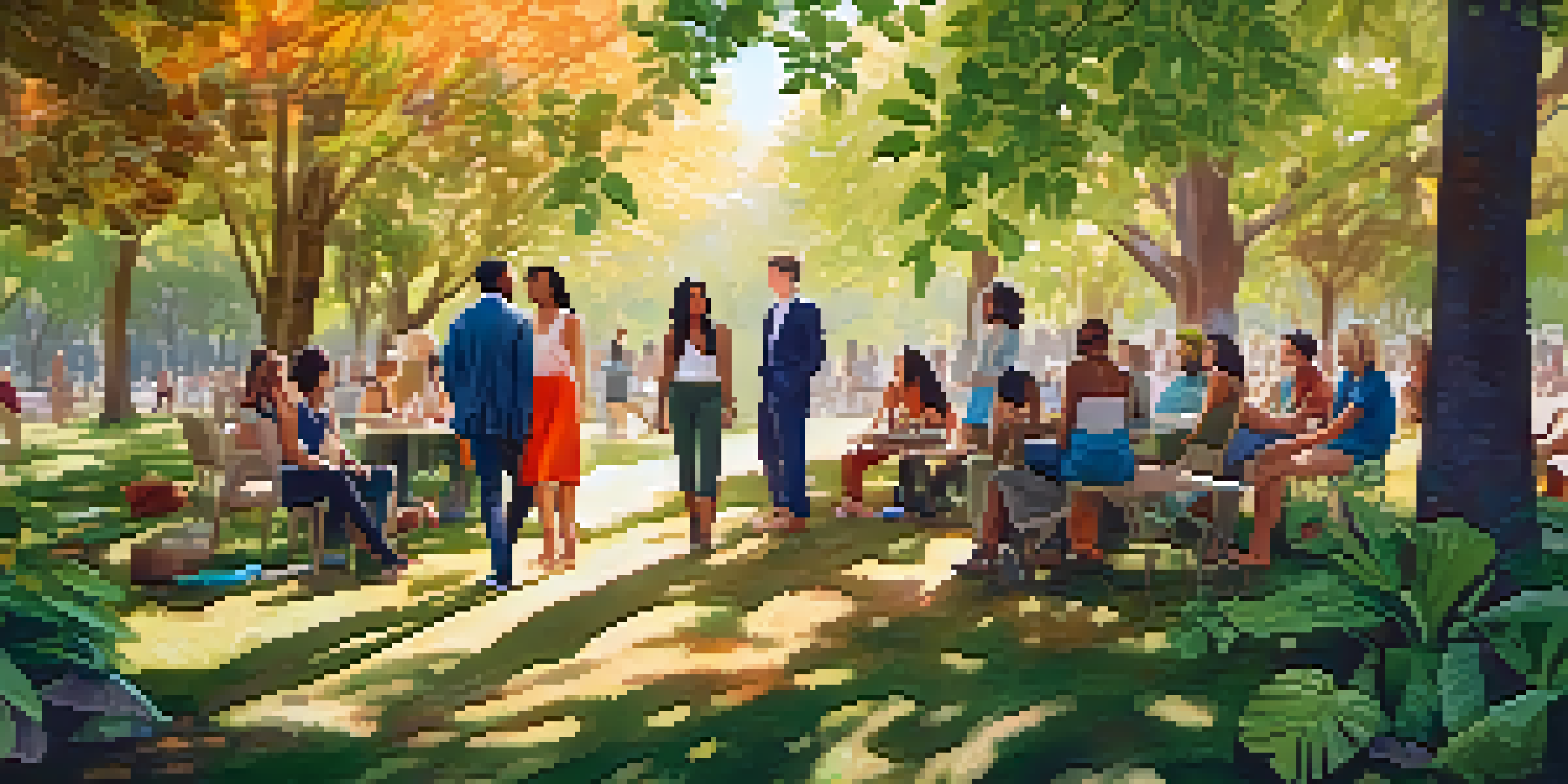 A diverse group of people in a park wearing colorful sustainable fashion made from organic materials, engaged in conversation under a sunny sky.